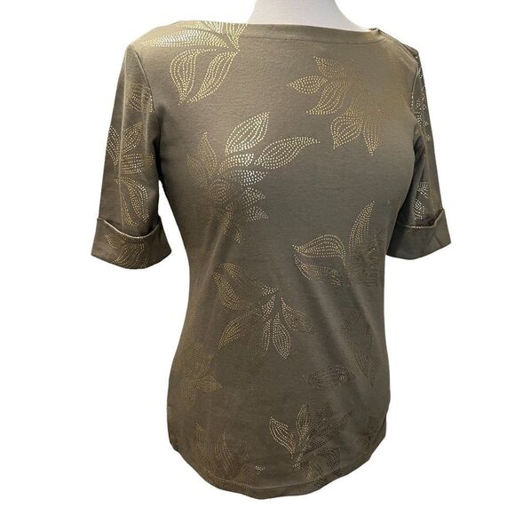 Karen Scott Olive Green Gold Metallic Short Sleeve T-shirts size small - Picture 1 of 7